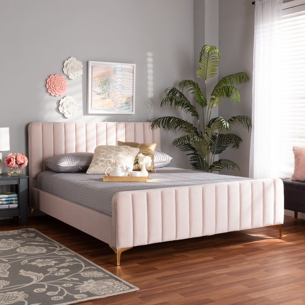 Nami Modern Light Pink Velvet and Gold Full Size Platform Bed - Pink - King